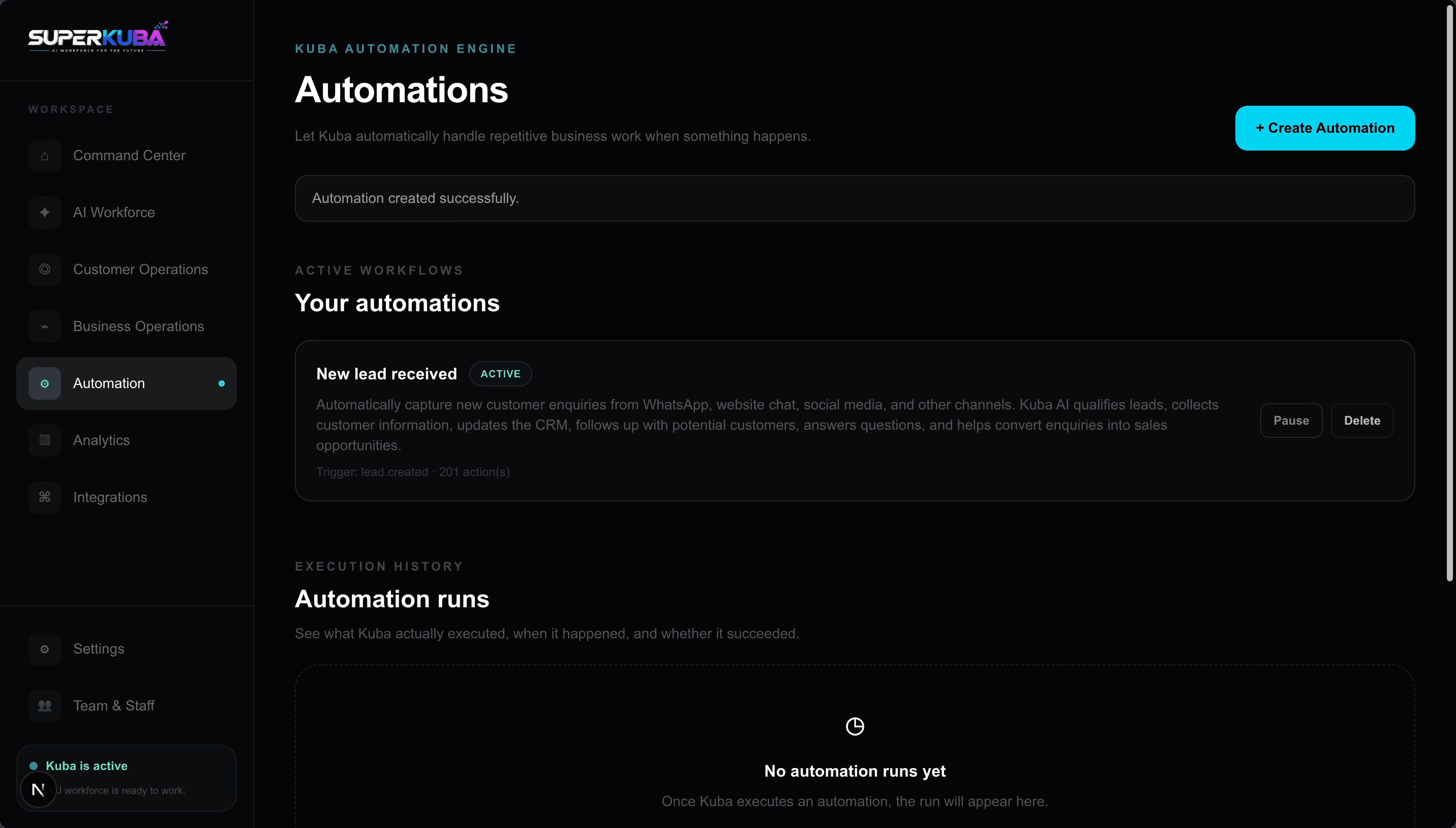 SuperKuba intelligent automation engine dashboard